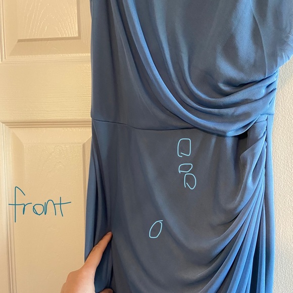 Steel Blue David’s Bridal High-Neck Ruched Mesh Bridesmaid Dress - Picture 12 of 16